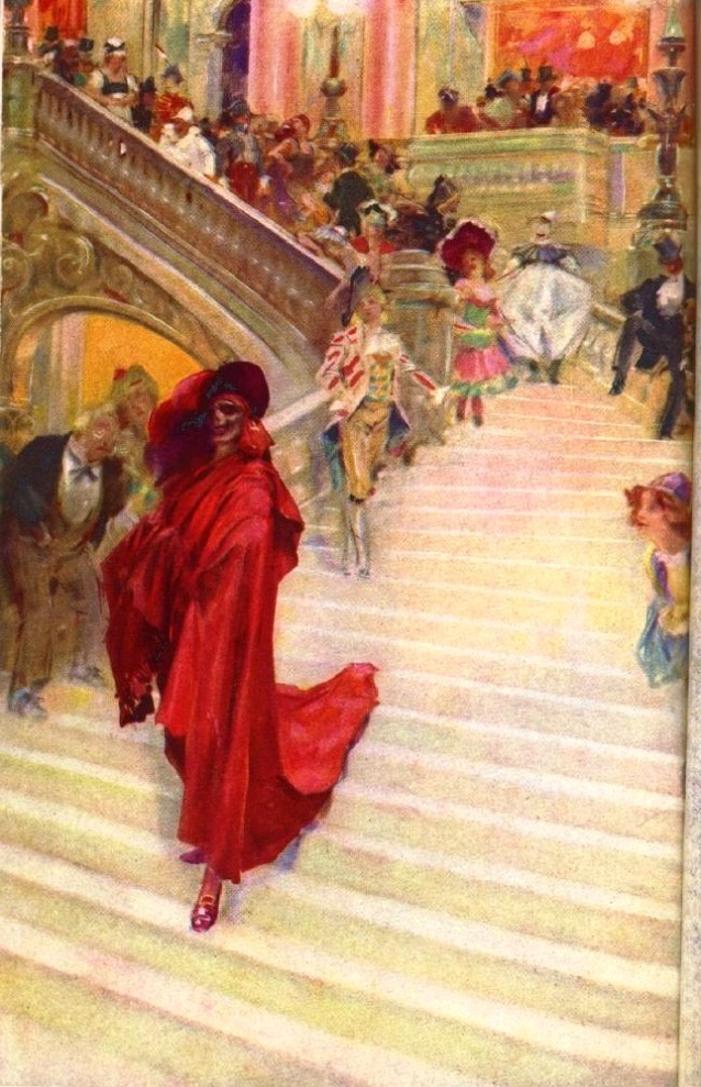 Watercolor image of the Phantom of the Opera in his Masque of the Red Death costume, on the stairs of the Paris Opera house. Other masque goers shrink away from the Phantom in the background.